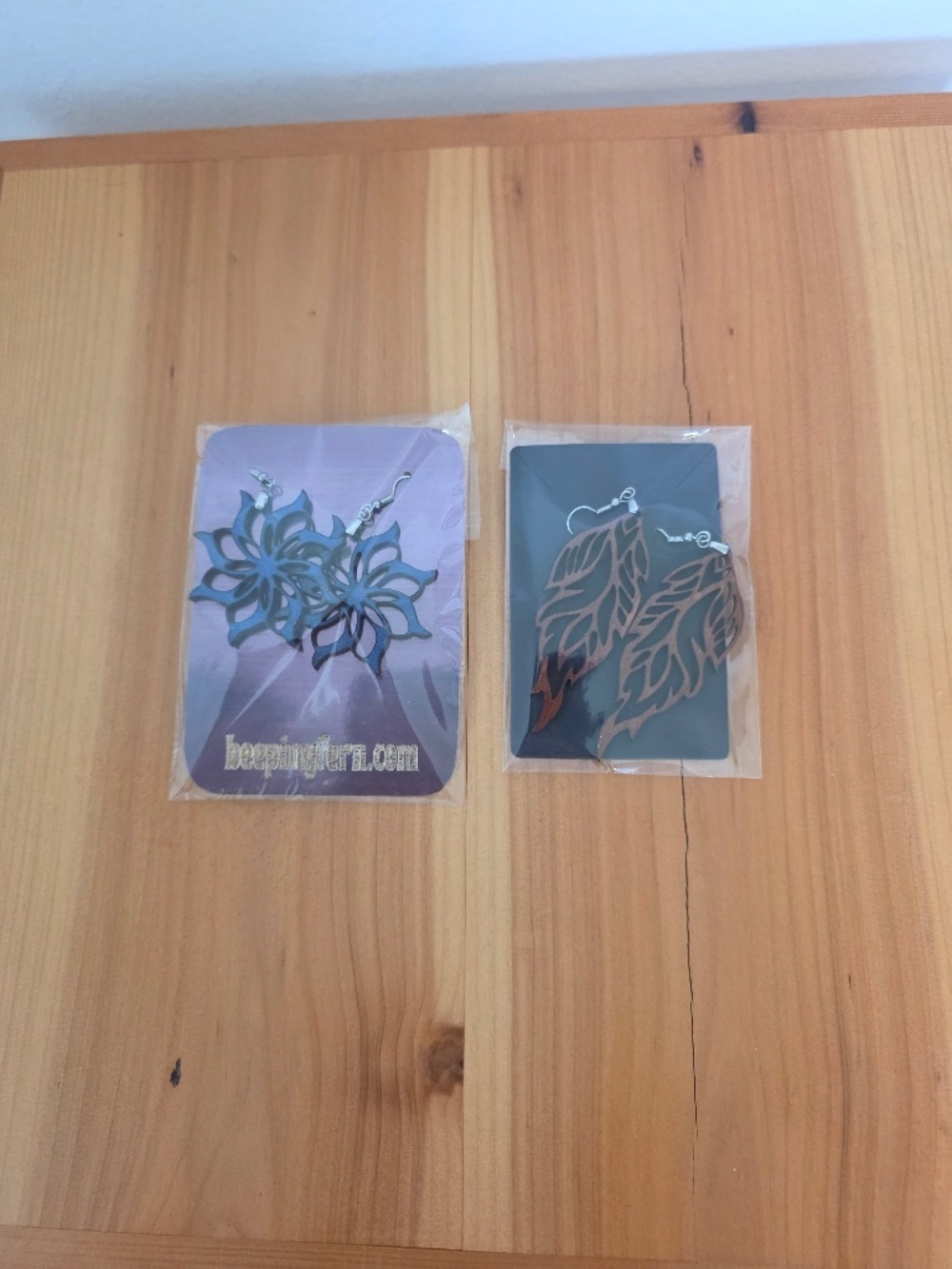 Wood Leaf and Geometric Earrings, 2 Pairs